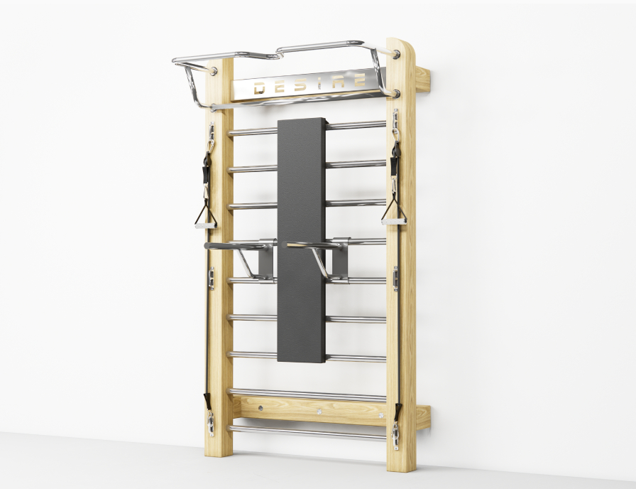 Шведская стенка из шпона дуба с эспандерами, брусьями и скамьей Eco Slab Plus